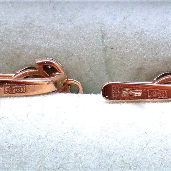 Vintage Soviet USSR Solid 14K 583 Rose Pink White Gold Diamond Pierced Earrings - Picture 6 of 7